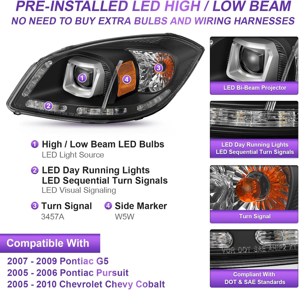 LED Projector DRL SEQ Headlight Assembly Fit for 2005-2010 Chevy Cobalt / 2005-2