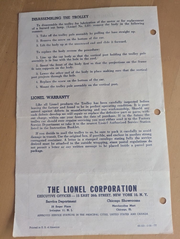Lionel #60 Trolley Postwar Original Instruction Sheet