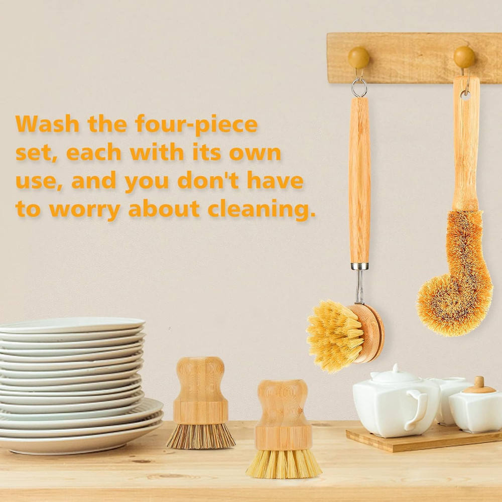 Bamboo Dish Brushes Sets 4 Tools in One Kitchen Clean Dish Scrubber for Pots Pan
