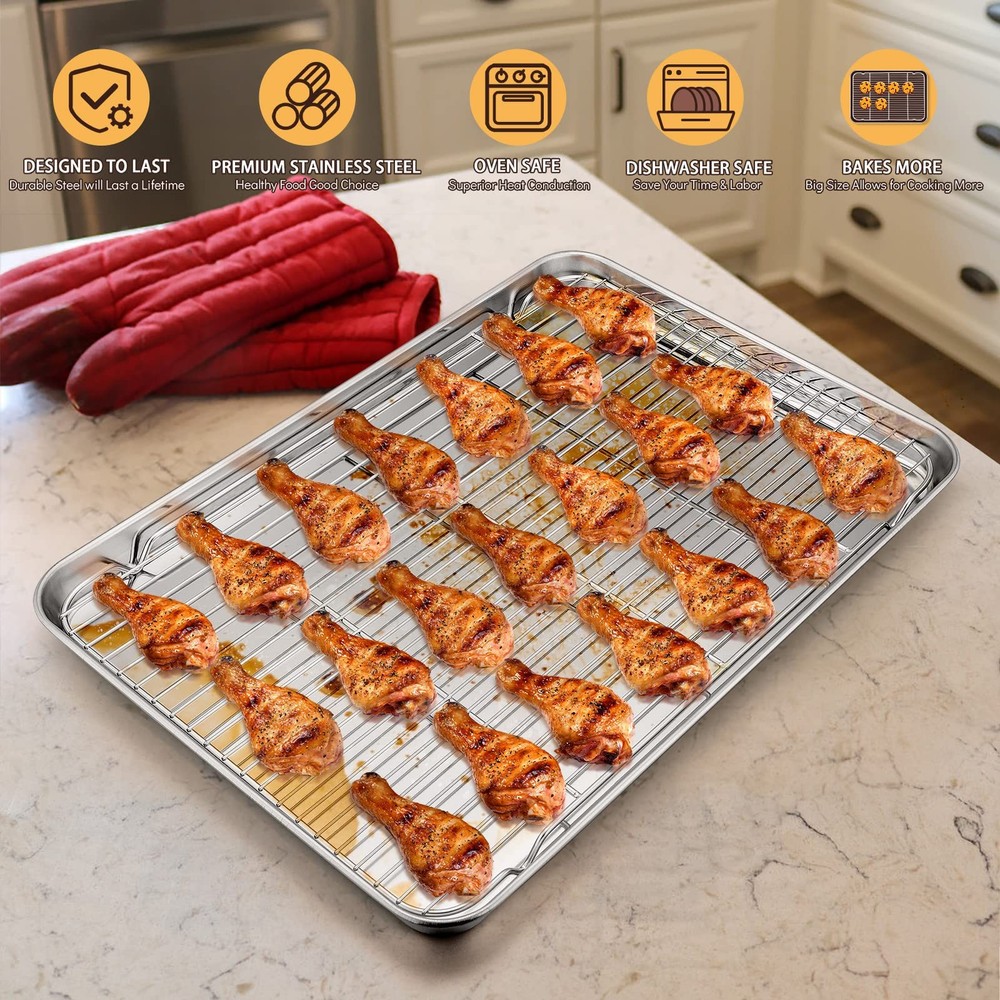 E-far Cookie Sheet with Rack Set, Half Baking Pan for 17.7"x13", Silver
