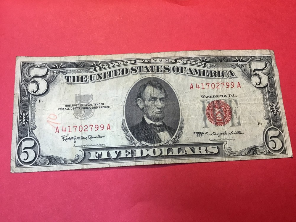 1963 Five Dollar Red Seal $5 Red Seal Note US, 1 Note