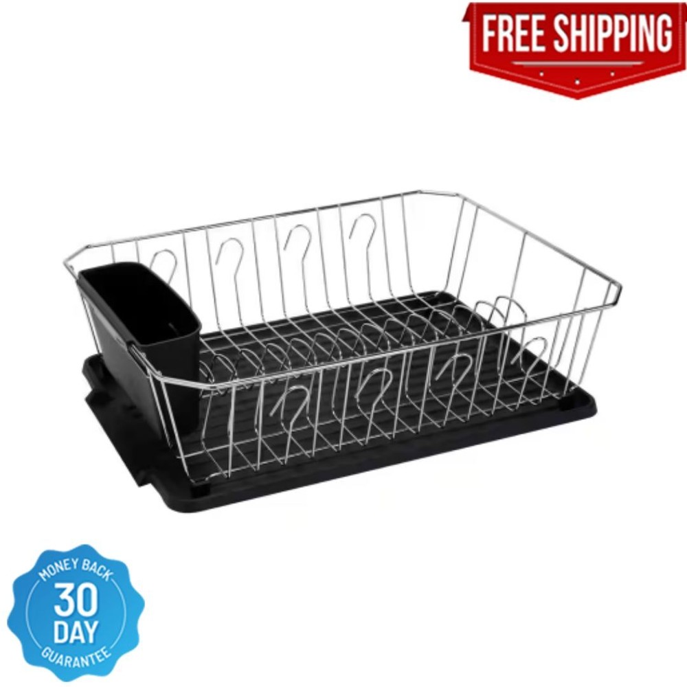 Dish Drainer Rack with Water Mat, 3-Piece, Chrome