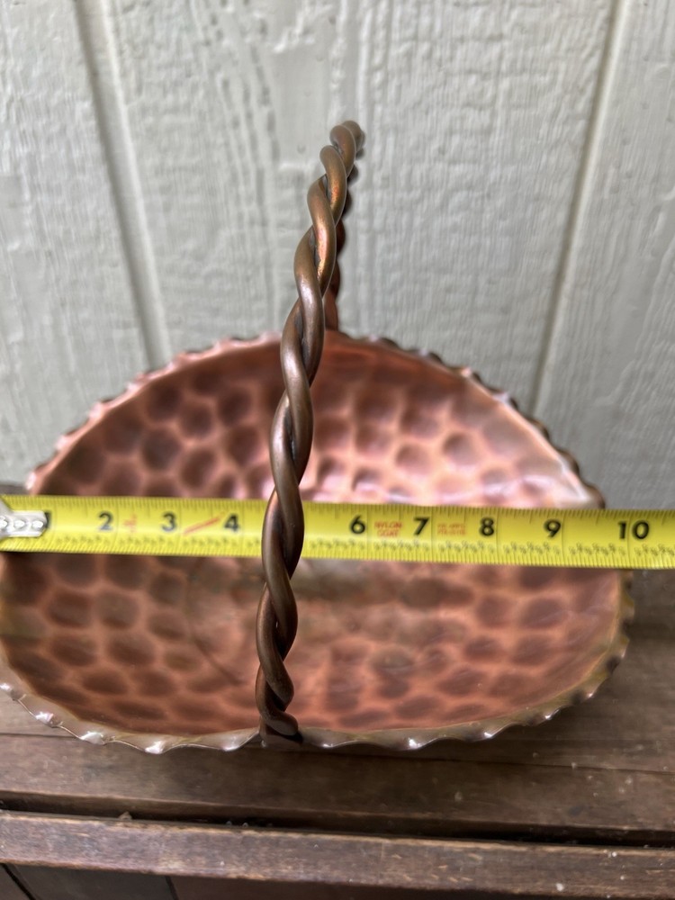 VTG Solid Copper Footed Basket with Scalloped Edge, Twisted Handle