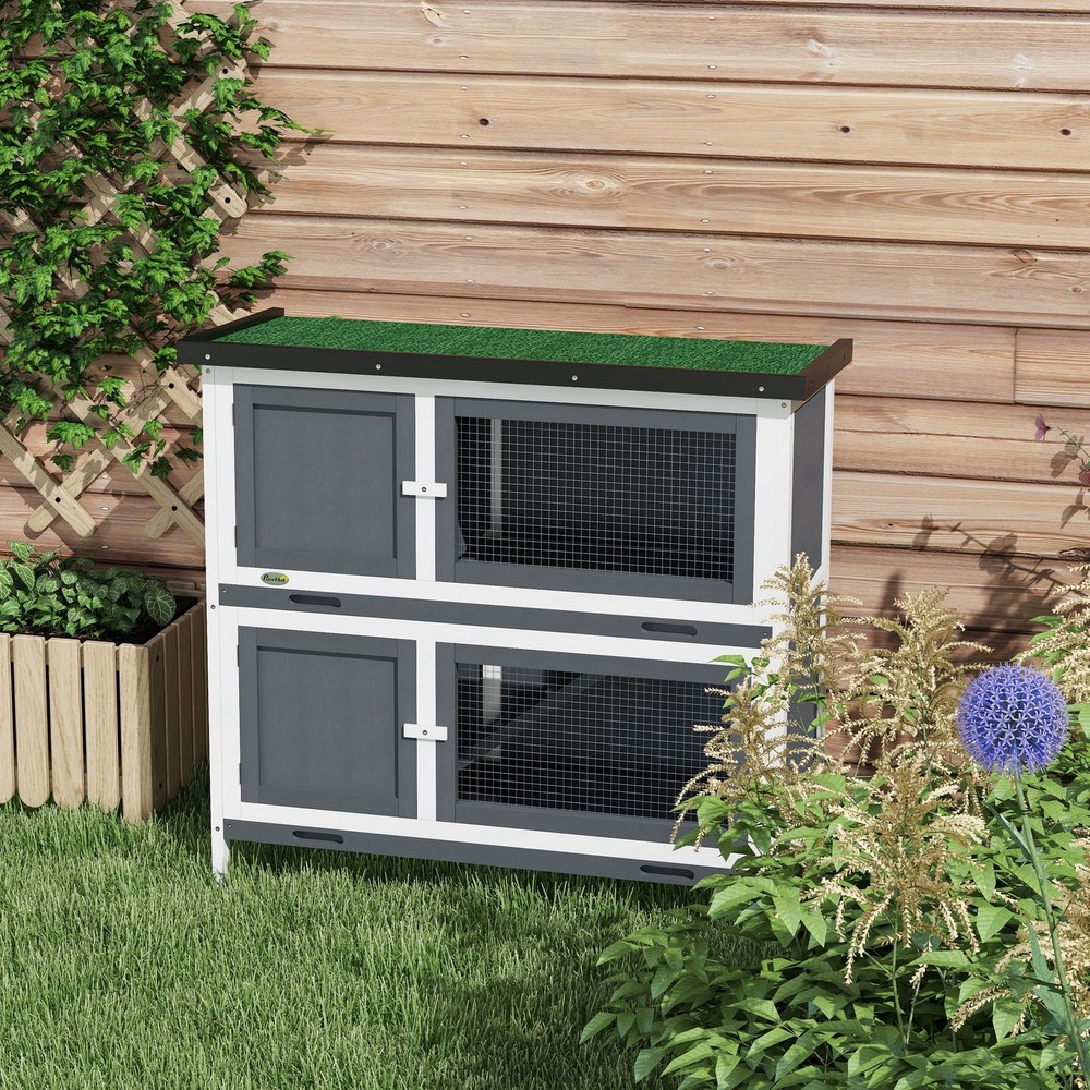 Solid Wood Rabbit/Bunny Hutch with 2 Large Main Rooms, Brown