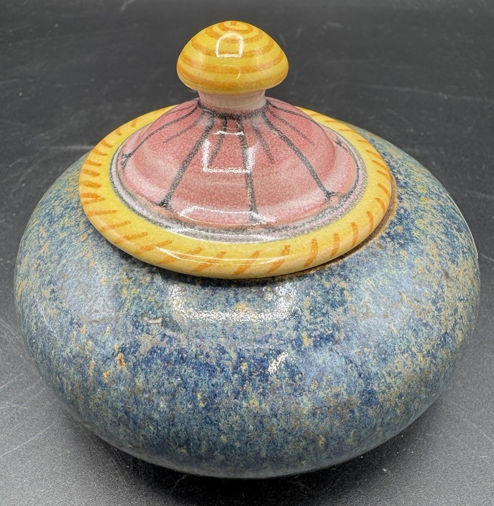 Signed Studio Pottery Lidded Jar Blue Glaze Small Decorative Trinket Jar