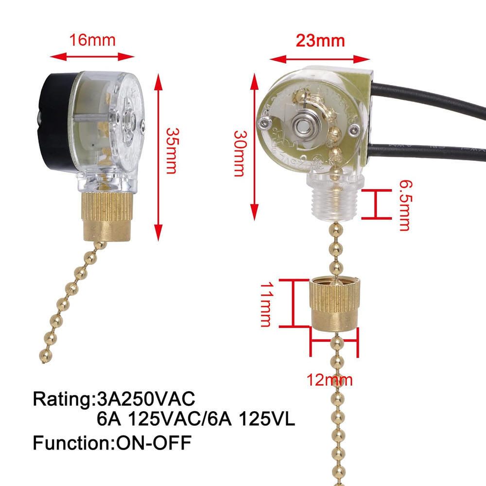 3 Pack Two-Wire Ceiling Fan Light Switch Pull Chain Control (Brass)