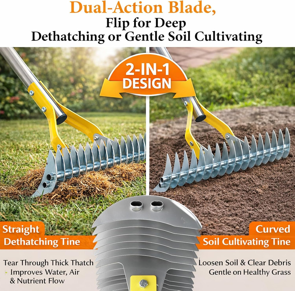 Professional Manual Thatch Rake - Heavy Duty Lawn Dethatcher with Long Handle