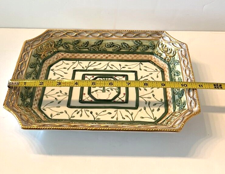 CIB Serving Platter - Green Leaf Design With Gold Tone Trim