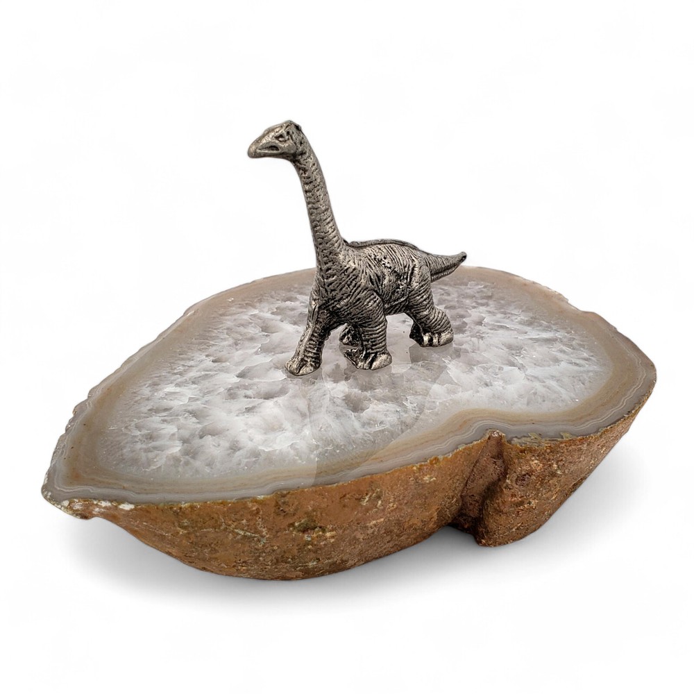 Prehistoric Brachiosaurus Pewter Figurine on Natural Agate Display