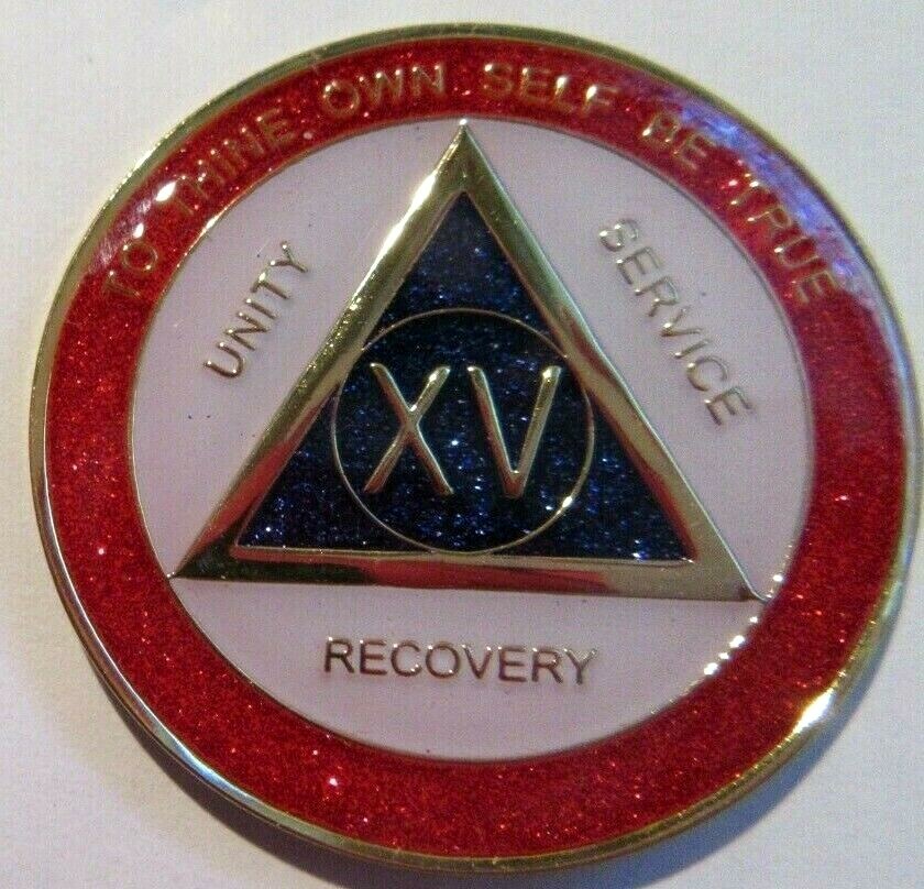 RED White BLUE SPARKLE Alcoholics Anonymous 15 Year AA Medallion Coin Token chip