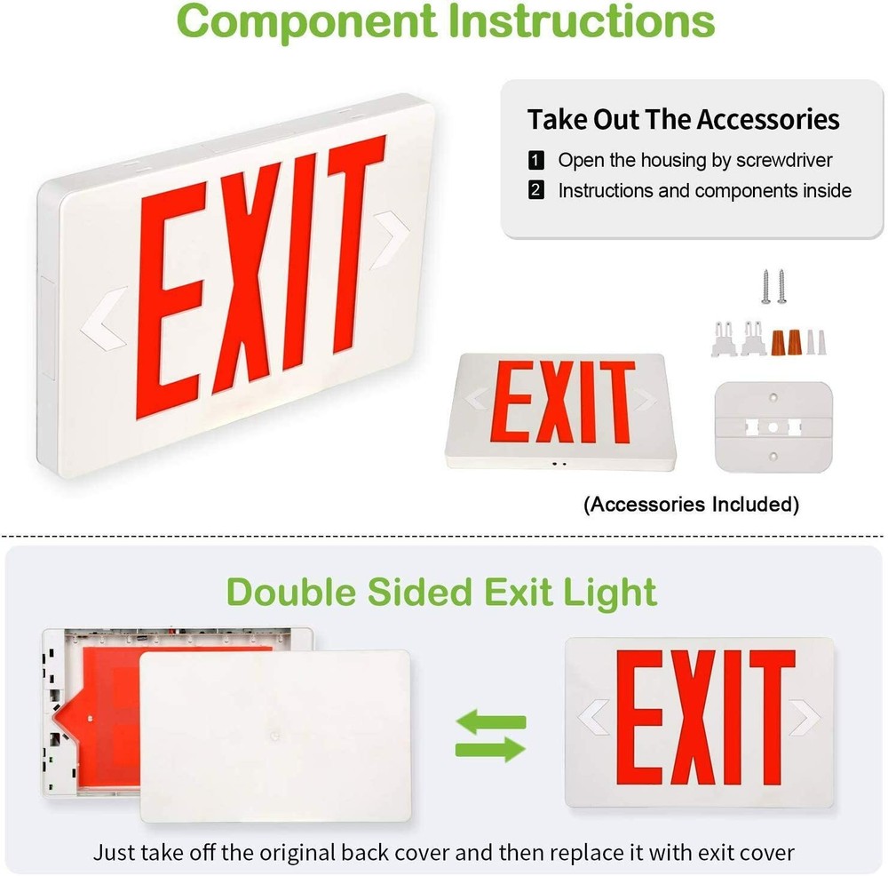 TWO LED Emergency Exit Sign Lights, Red Letters 120V-277V Double or Single Faced