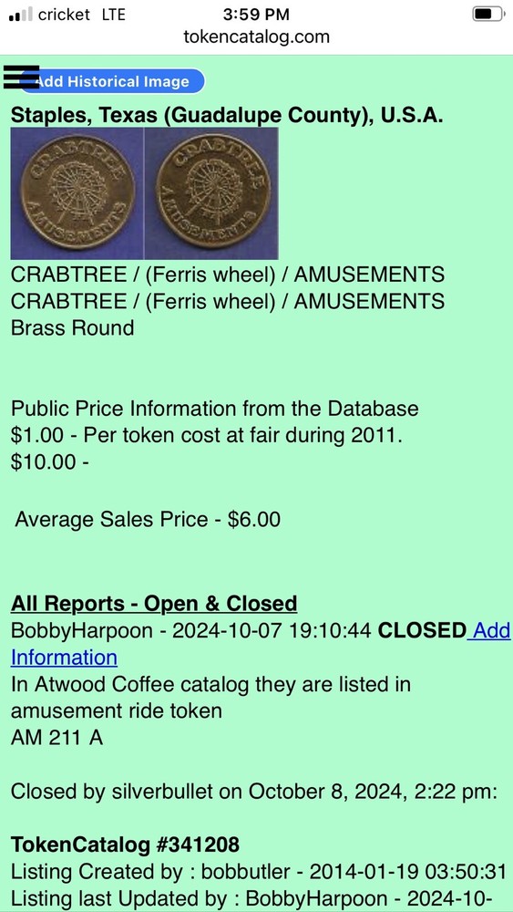 Advertisement Token - Crabtree Amusements - Staples, Texas