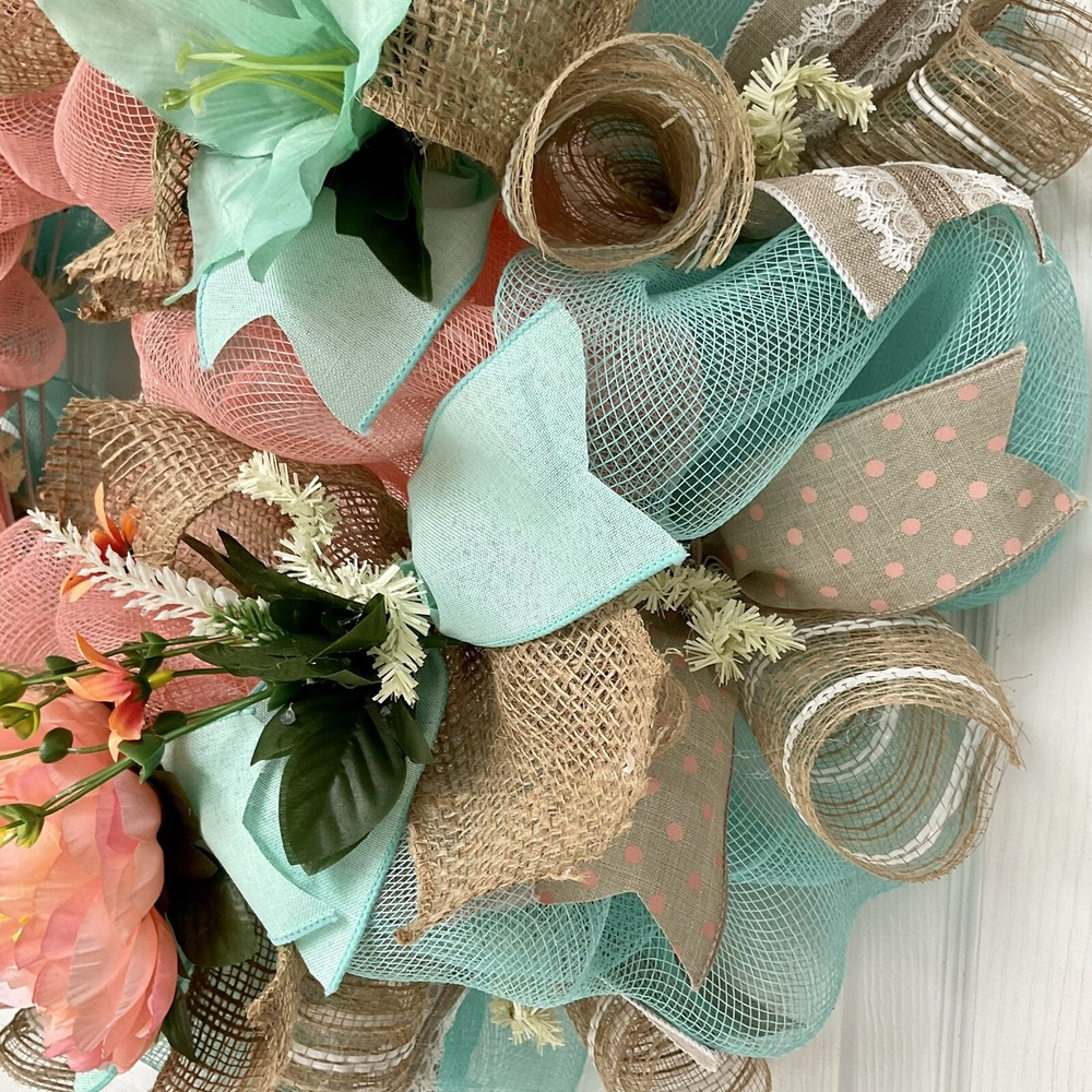 Melon and Mint Spring Floral Wreath Handmade Deco Mesh