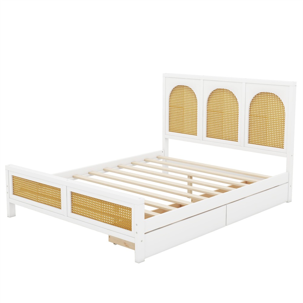 Full Size Bed Frame Wood Platform Bed Frame w/ Headboard & 2 Drawer White