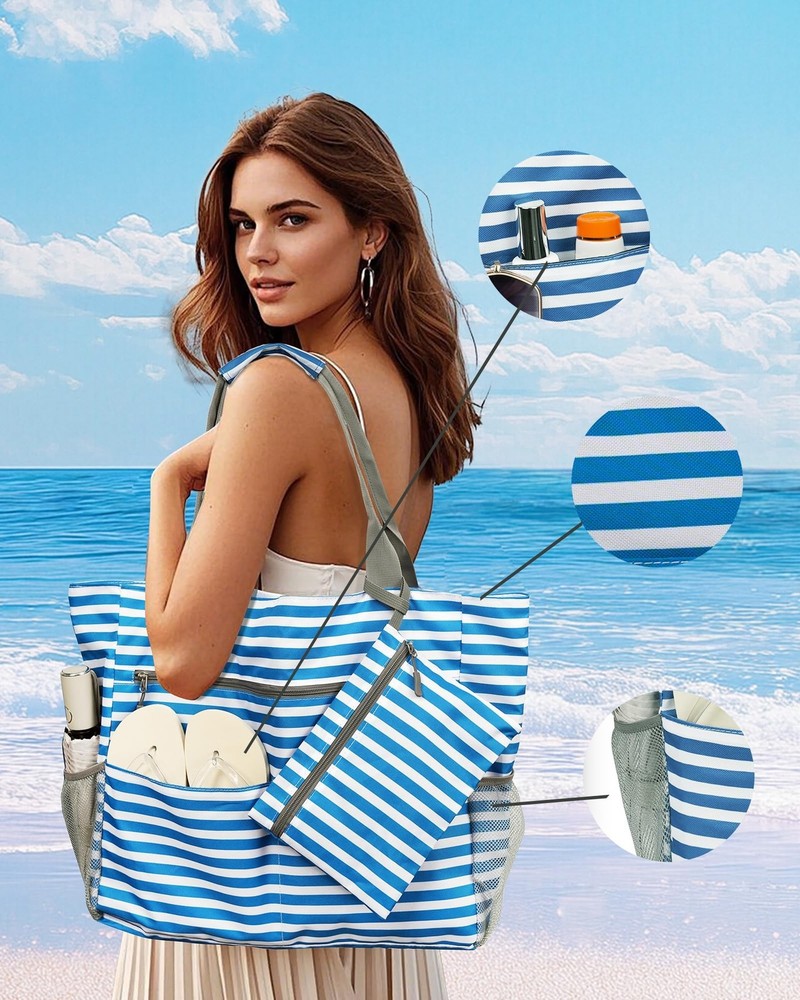 Beach Bag-Waterproof Sandproof Beach Totes with zipper Large Capacity Foldabl...