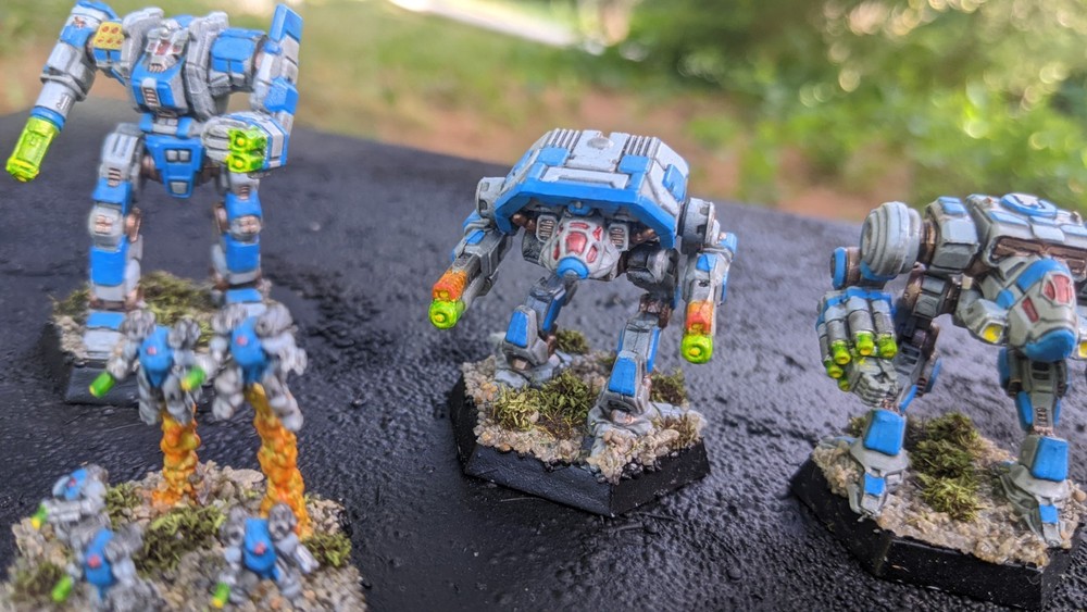 3x Custom Mechs, 1x Infantry. Battletech
