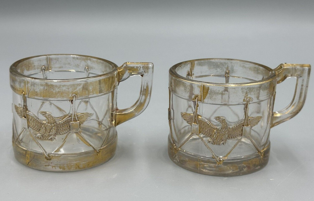 1909 Pair Mug EAGLE DRUM Cup Glass CANDY CONTAINER Antique E&A 543