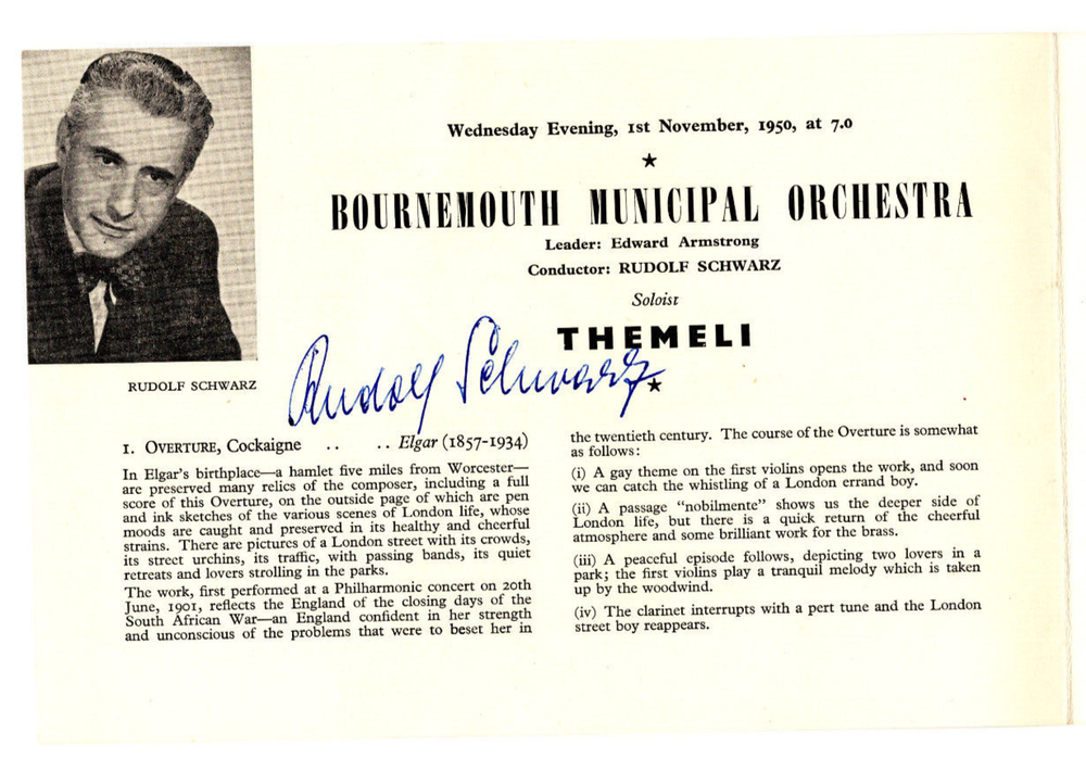 Rudolf Schwarz Signed Program 1950 / Conductor Autographed