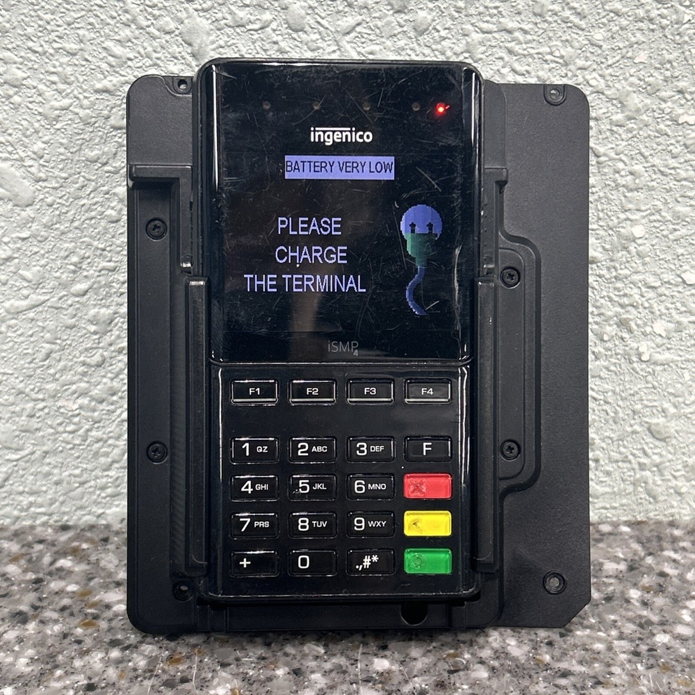 Ingenico Ismp4 Card Reader With Barcode Scanner And Zebra Charging Base