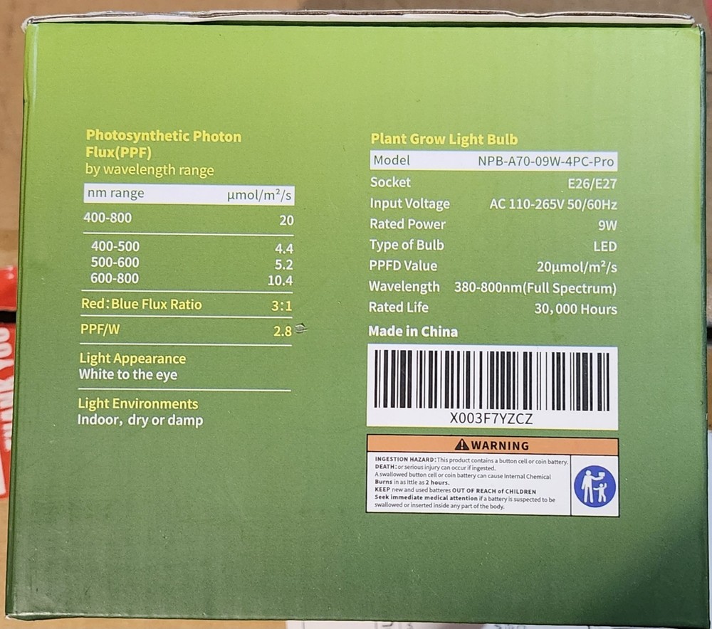 Necgemlex LED Grow Light Bulbs Full Spectrum Dimmable 9W E26/E27 4-Pack