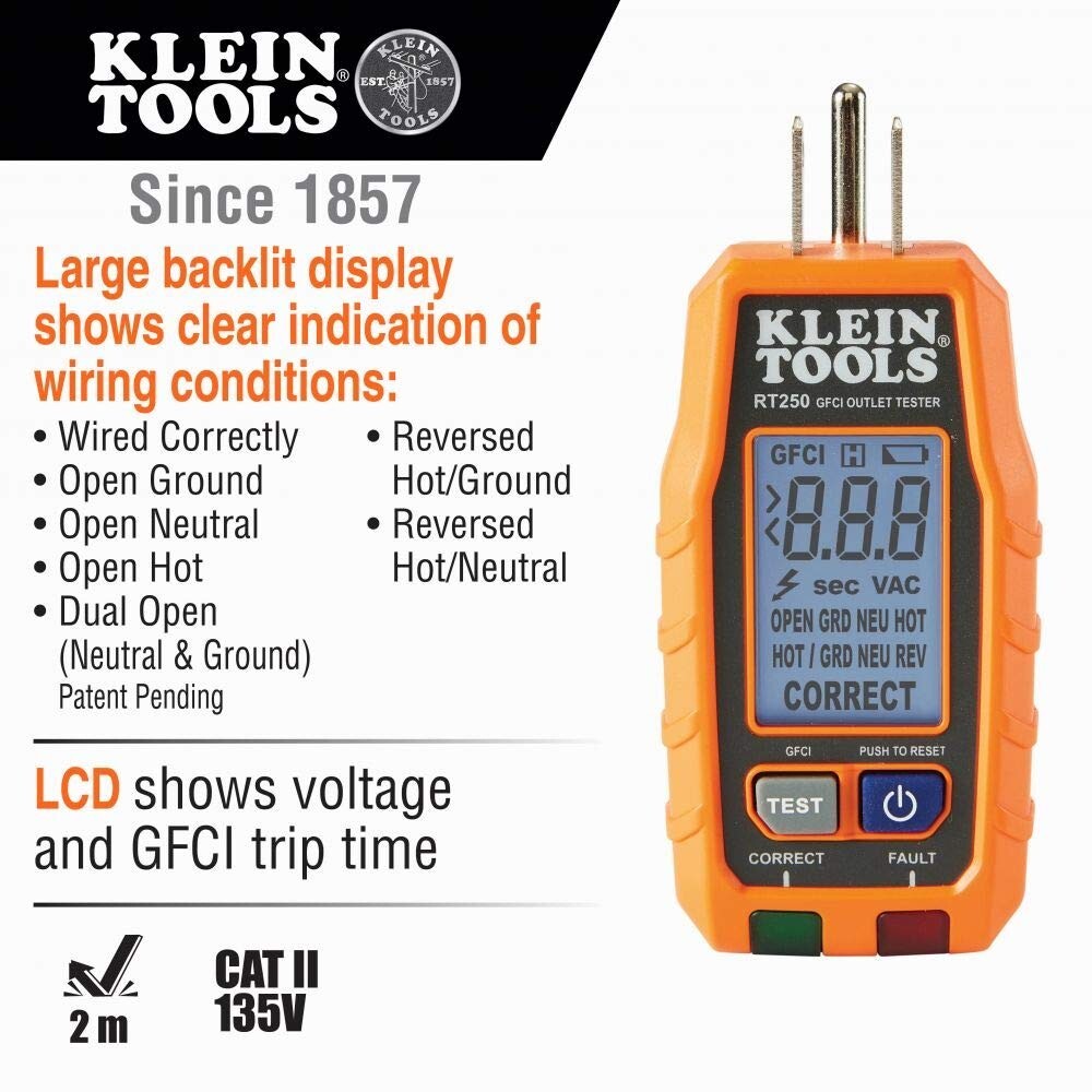 Klein Tools RT250 GFCI Outlet Tester with LCD Display Electric Voltage