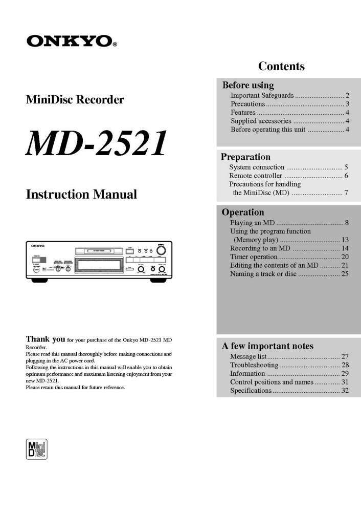 Onkyo MD-2521 Minidisc Recorder Owners Manual