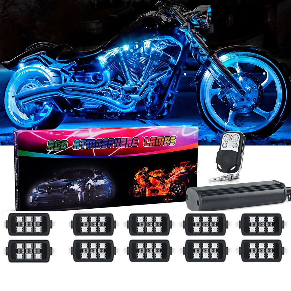 10pcs Multi-Color RGB Underglow LED Light Kit w/Remote Controller For Motorcycle
