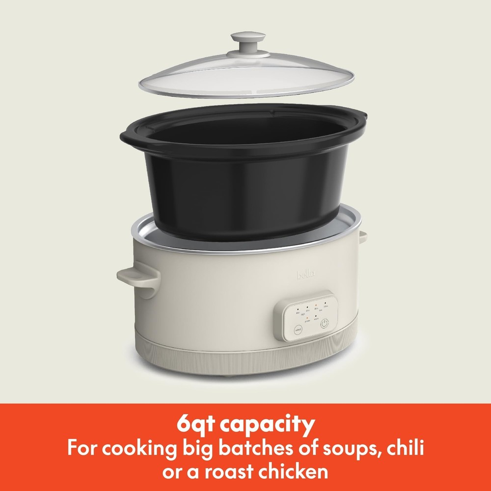 bella 6.0 Qt Programmable Slow Cooker, Ceramic Nonstick Coating, Adjustable T...