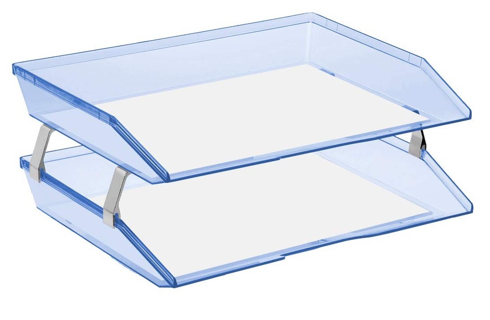 2 Tier Letter Tray Clear Blue Plastic Side Load Desktop File Organizer