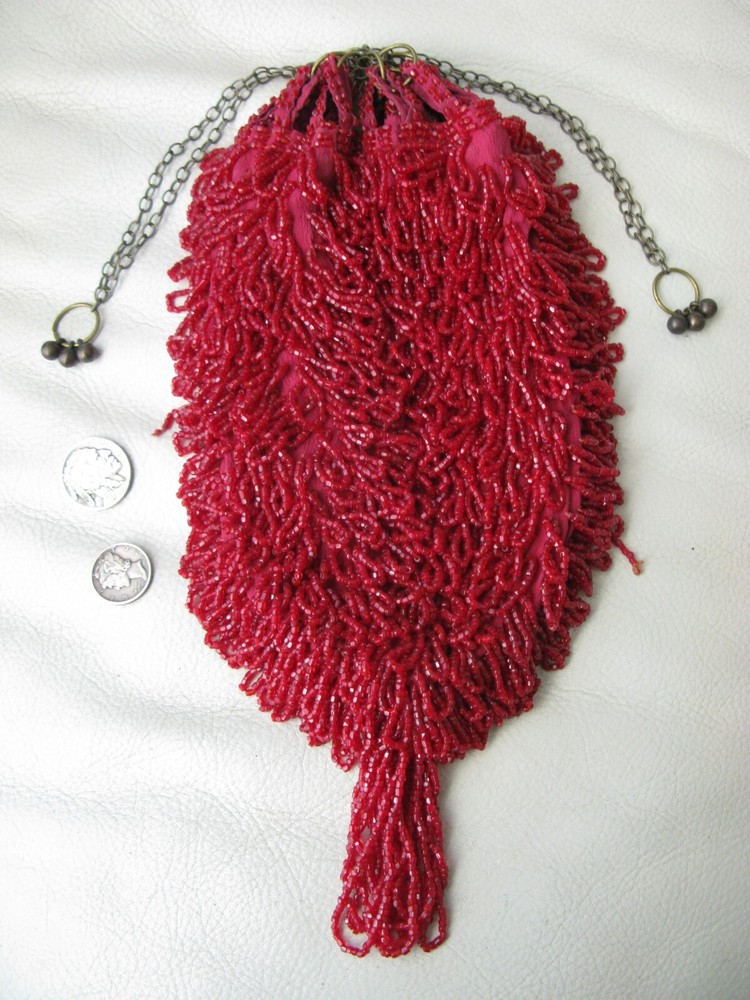 Antique Fringed Candy Apple Red Bead Drawstring Flapper Purse