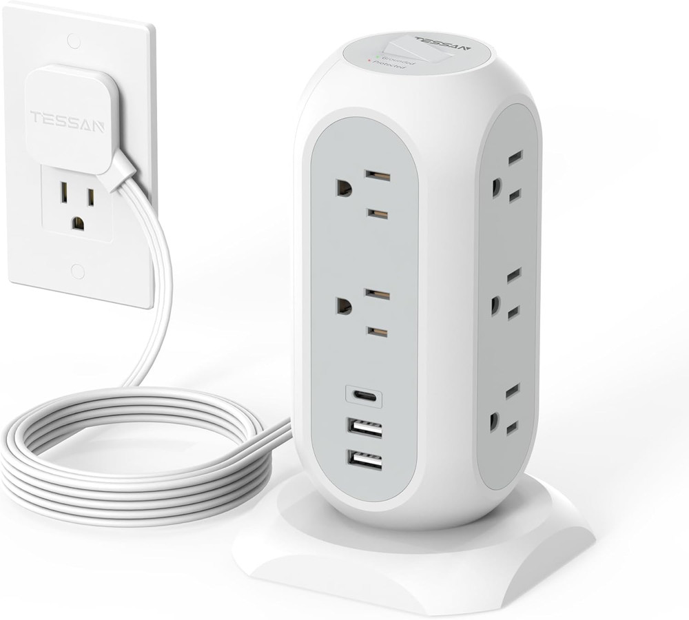 Tower Power Strip Flat Plug with 11 Outlets 3 USB (1 USB C), Surge Protector...