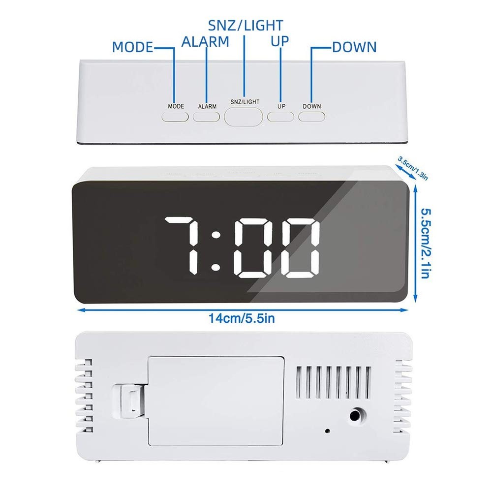 ThreeH LED Mirror Desk Clock with Snooze Function Temperature Display Digital...