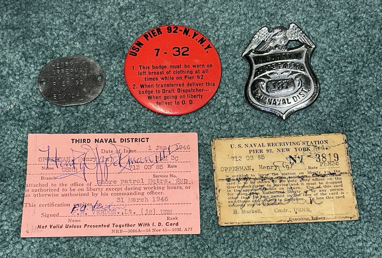 Original WWII Era 1946 US Navy Shore Patrol Badge Grouping W Dog Tag & ID Cards