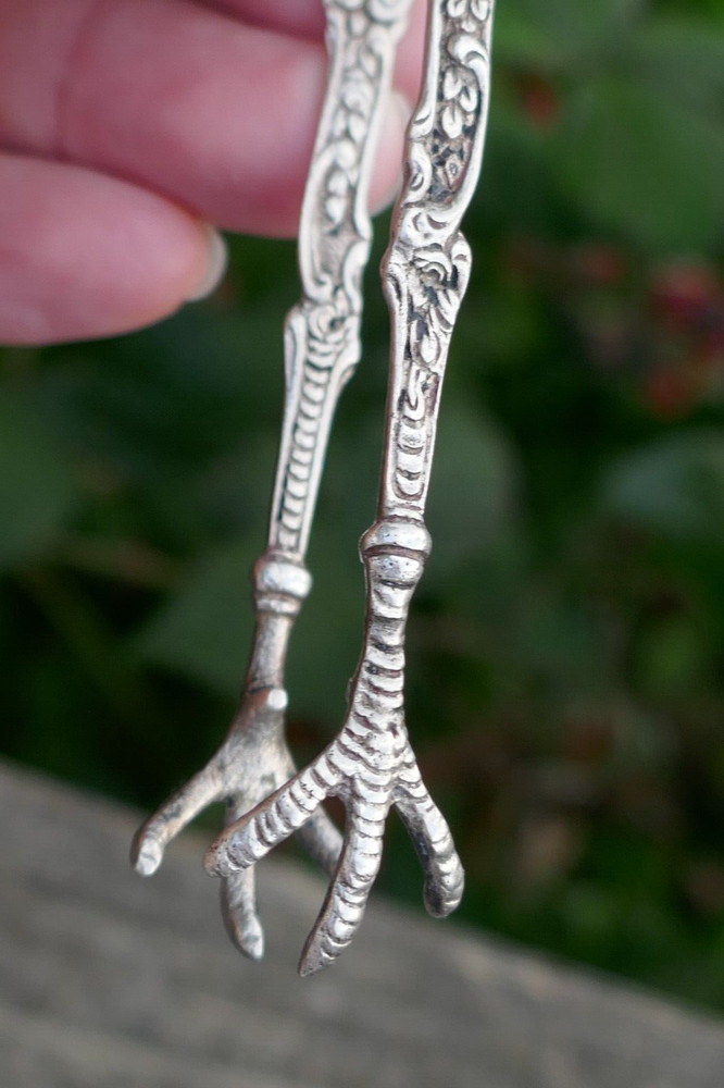 Antique German 800 Fine Silver Repousse Claw Tongs