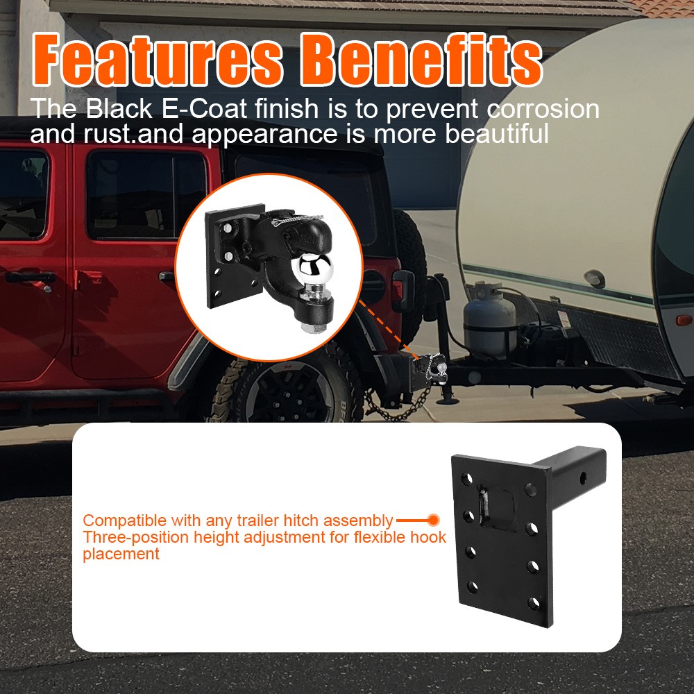 Solid 8-Hole 10000lb Square-Hook Mount For 2" Square Tow Hitch Receiver Adjustab