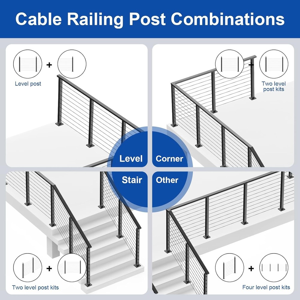 Complete Set 36" Cable Railing Post Kit, Black Surface Mount Adjustable Top Cabl