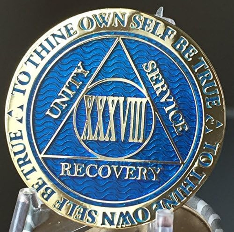 38 Year Reflex Blue Gold Plated AA Medallion Alcoholics Anonymous Chip