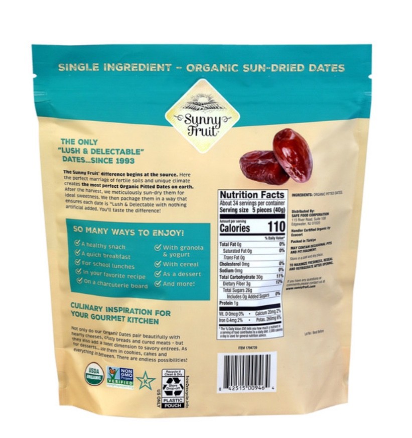 Sunny Fruit Organic Whole Dried Dates, 48 oz
