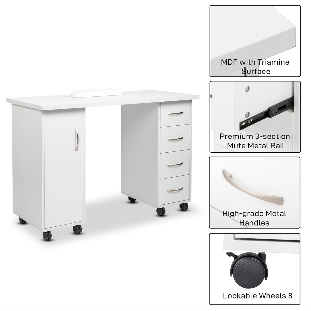 Rolling Computer Desk - White, 4-Drawer, Shelves Storage & MDF ​Nail Table​