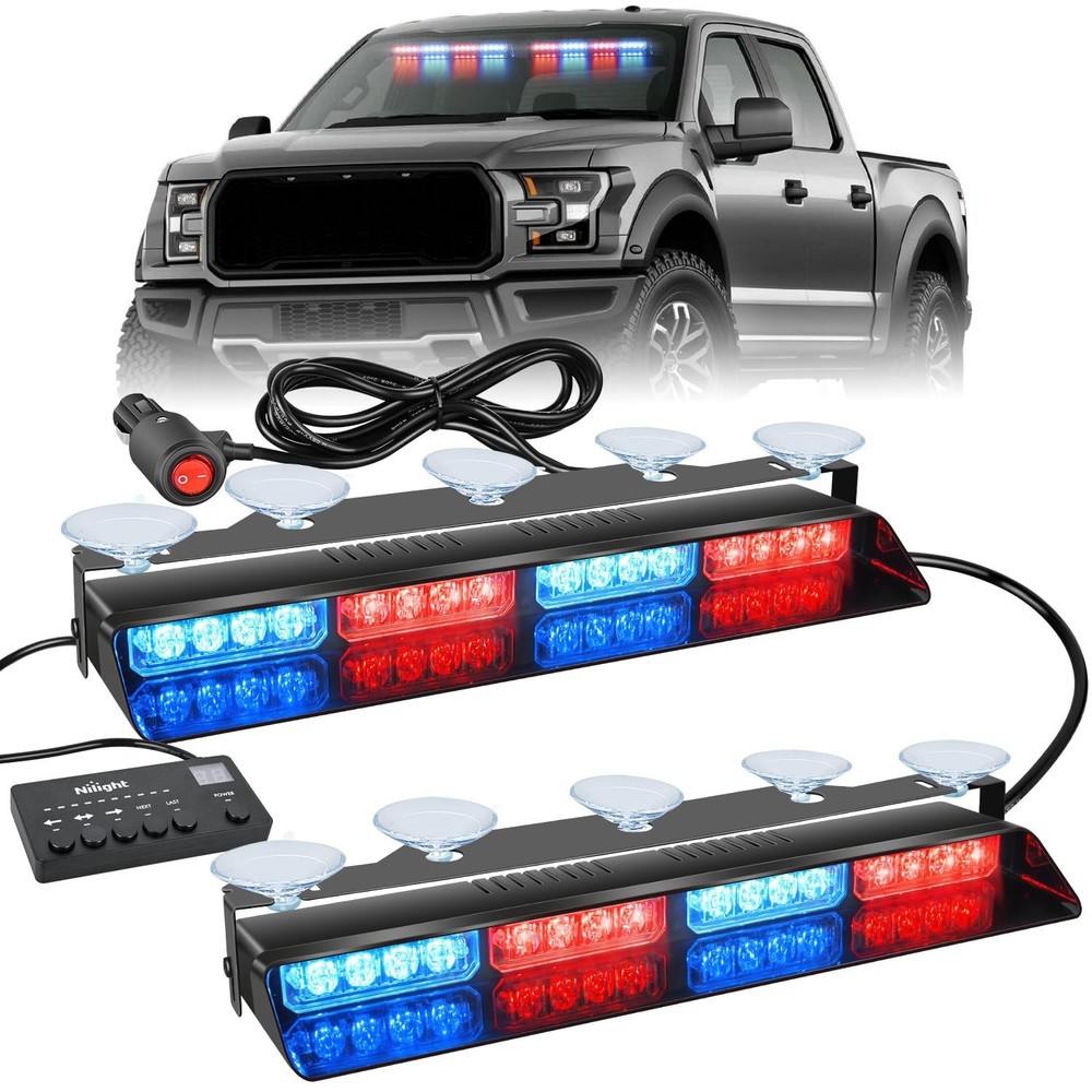 Nilight 32LED Red Blue Emergency Dash Strobe Lights with Controller Suction C...
