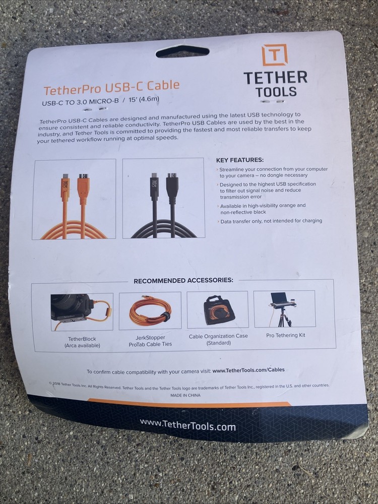 Used Tether Tools TetherPro USB-C to 3.0 Micro-B Cable, 15', Orange