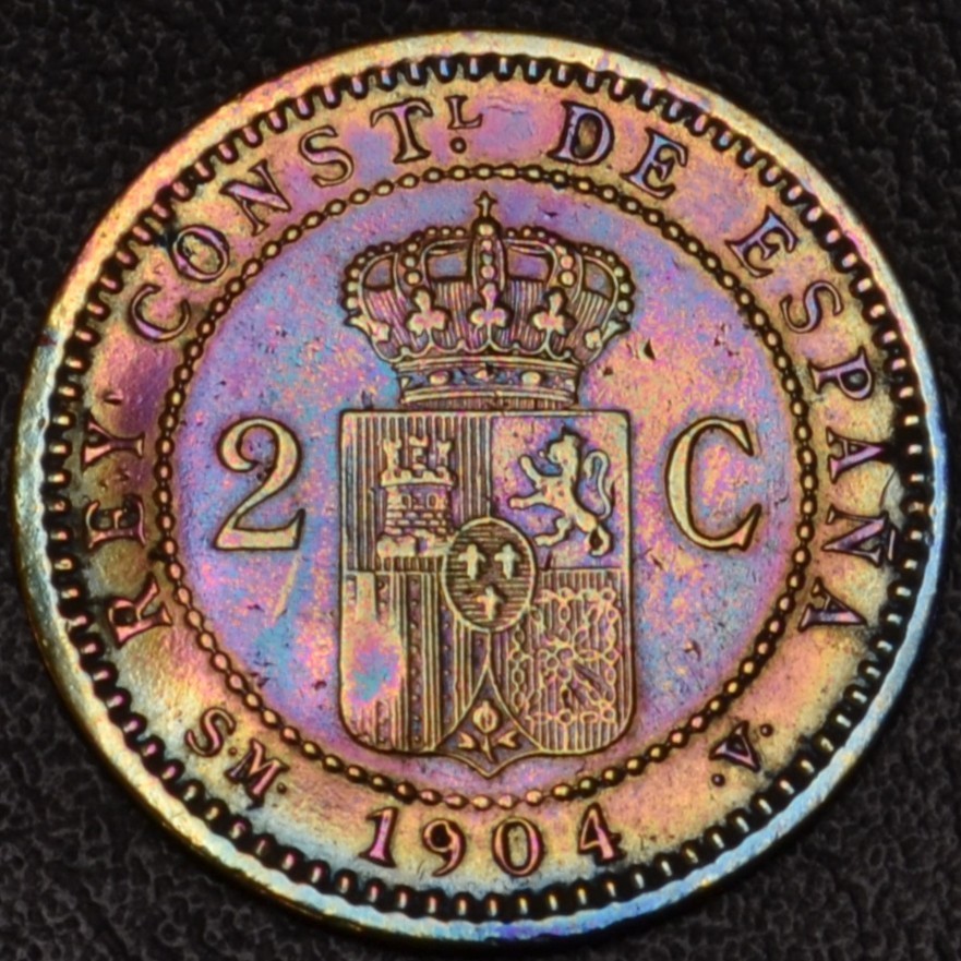 1904 (*04) Spain 2 Centimos RAINBOW TONING (59-50)