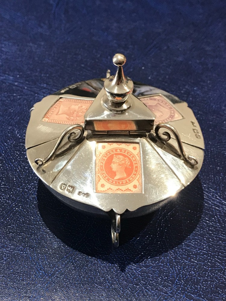 1899 SOLID SILVER STAMP BOX ROUND 3 COMPARTMENTS RARE EX SPINK "BLUE EYES"