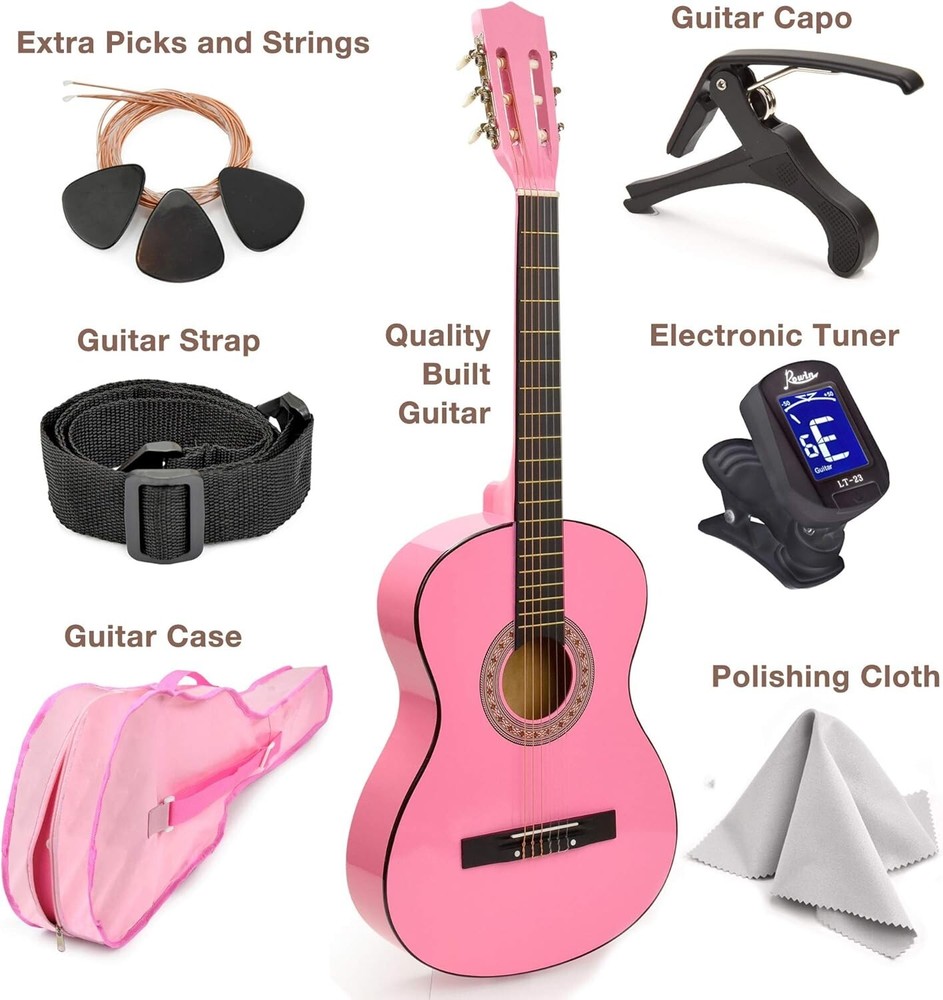 Beginner-Friendly 30" Pink Classical Guitar Kit with Case and Accessories