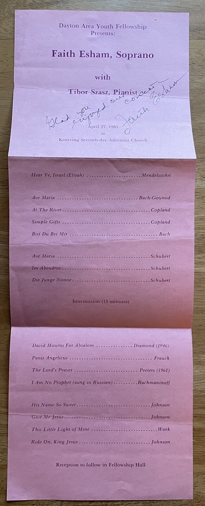 Soprano Faith Esham Autographed Program