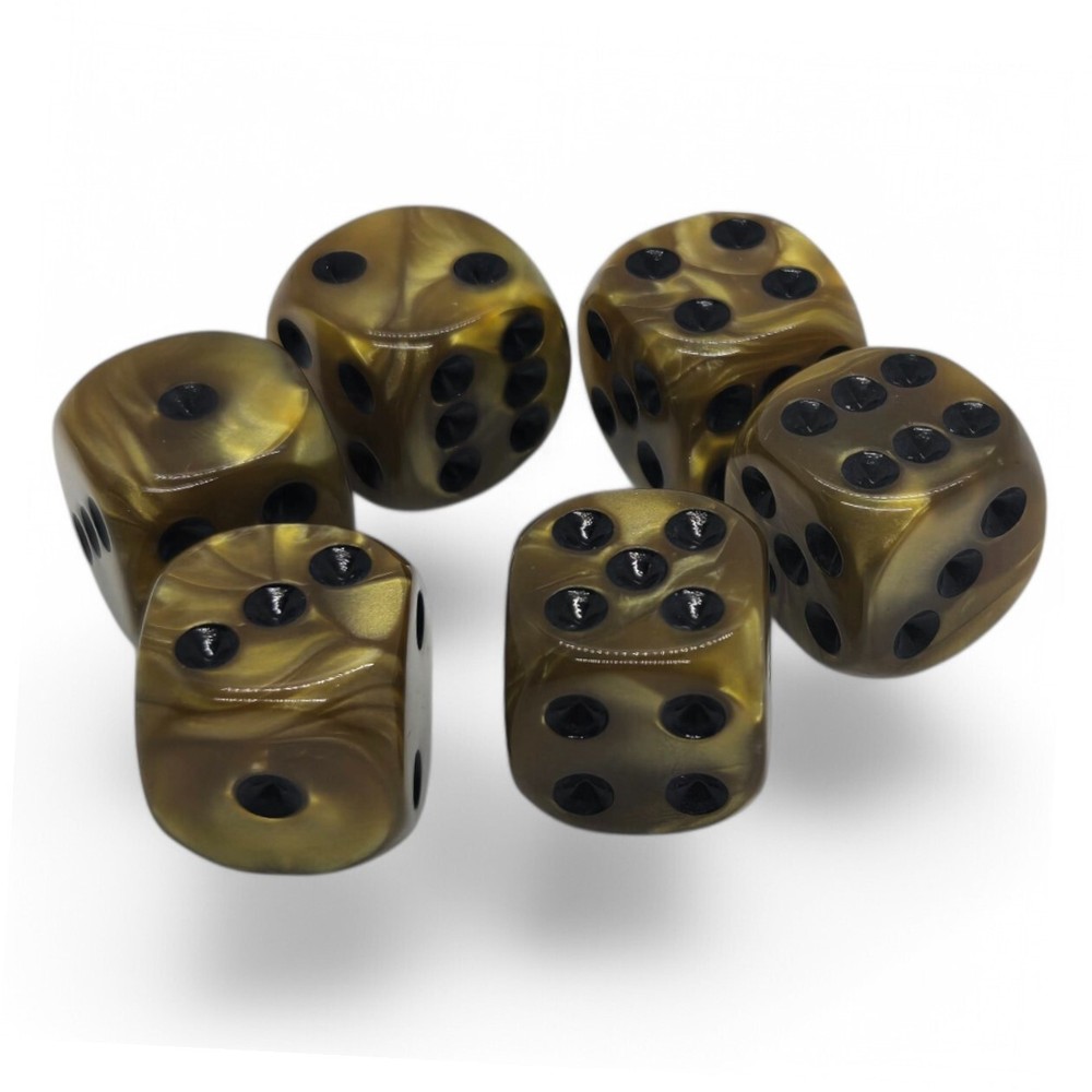 6 Pearlized Dice Gold w/Black Pips + PU Leather Dice Cup Black Lined Compartment