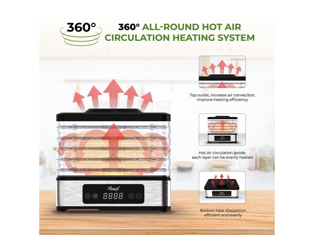 Rosewill Compact Food Dehydrator, 5 Stackable Trays with Adjustable 48H Timer an