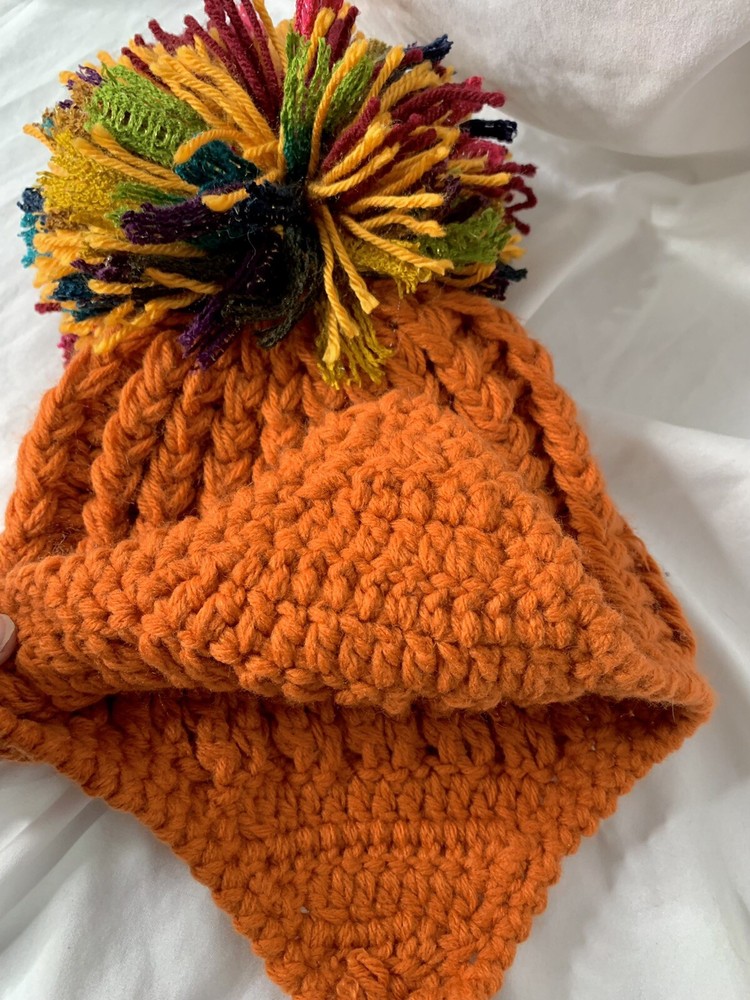 Hand Knit Mixed Yarns Pom Pom Beanie Hat