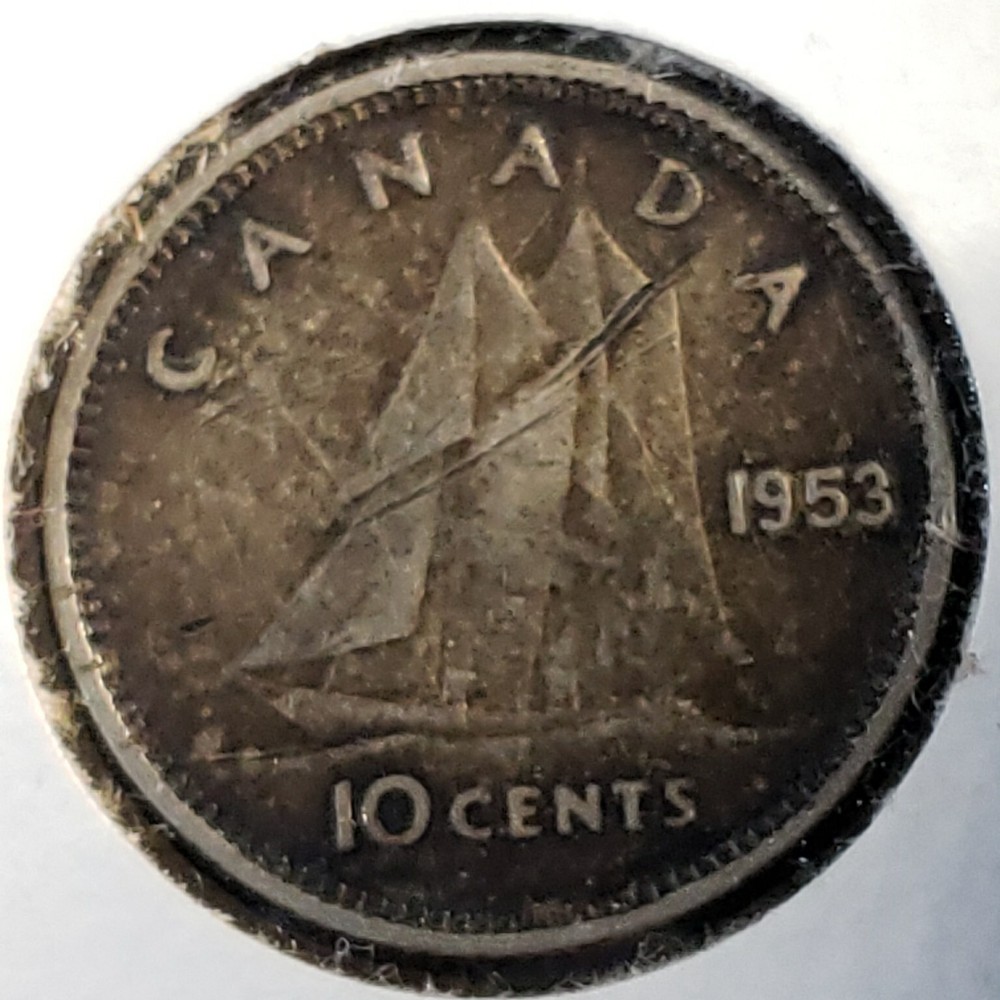 1953 Canada Silver No Shoulder Fold Dime Toned