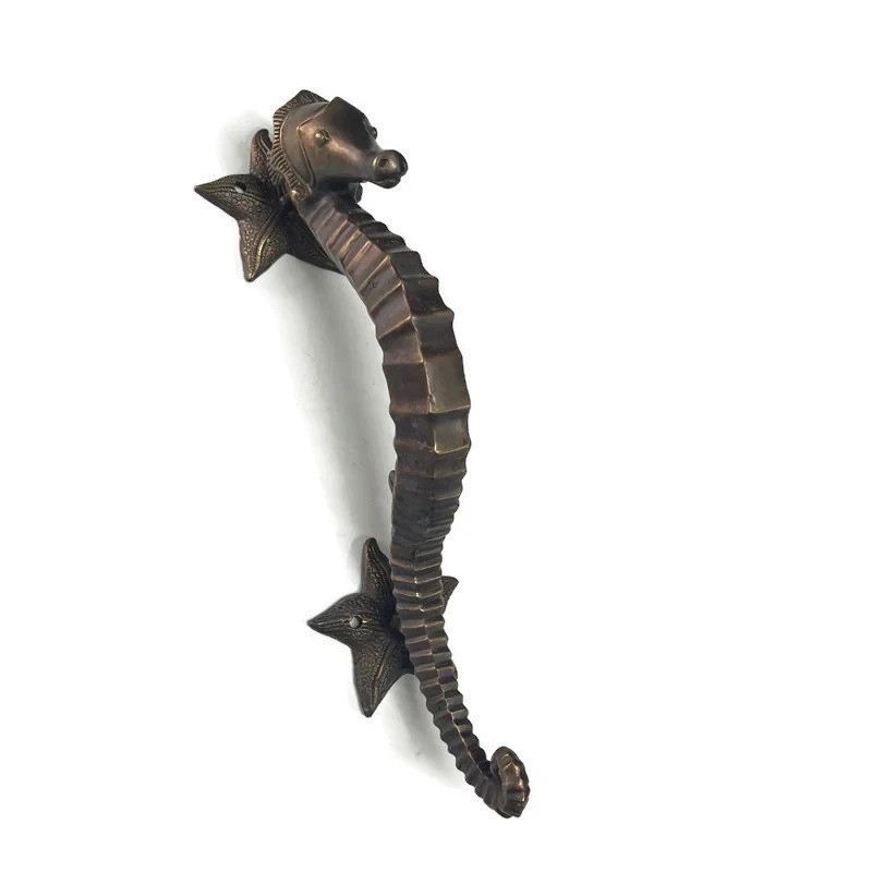 2 Brass Large 35cm Seahorse pulls Star backplates Door Handle Pull Antique Brass